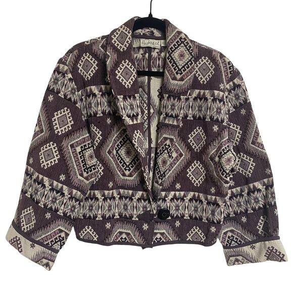 Vintage Flashback Cropped Jacket Western Boho Tapestry Purple Cream‎ Short Sz M - Picture 1 of 9